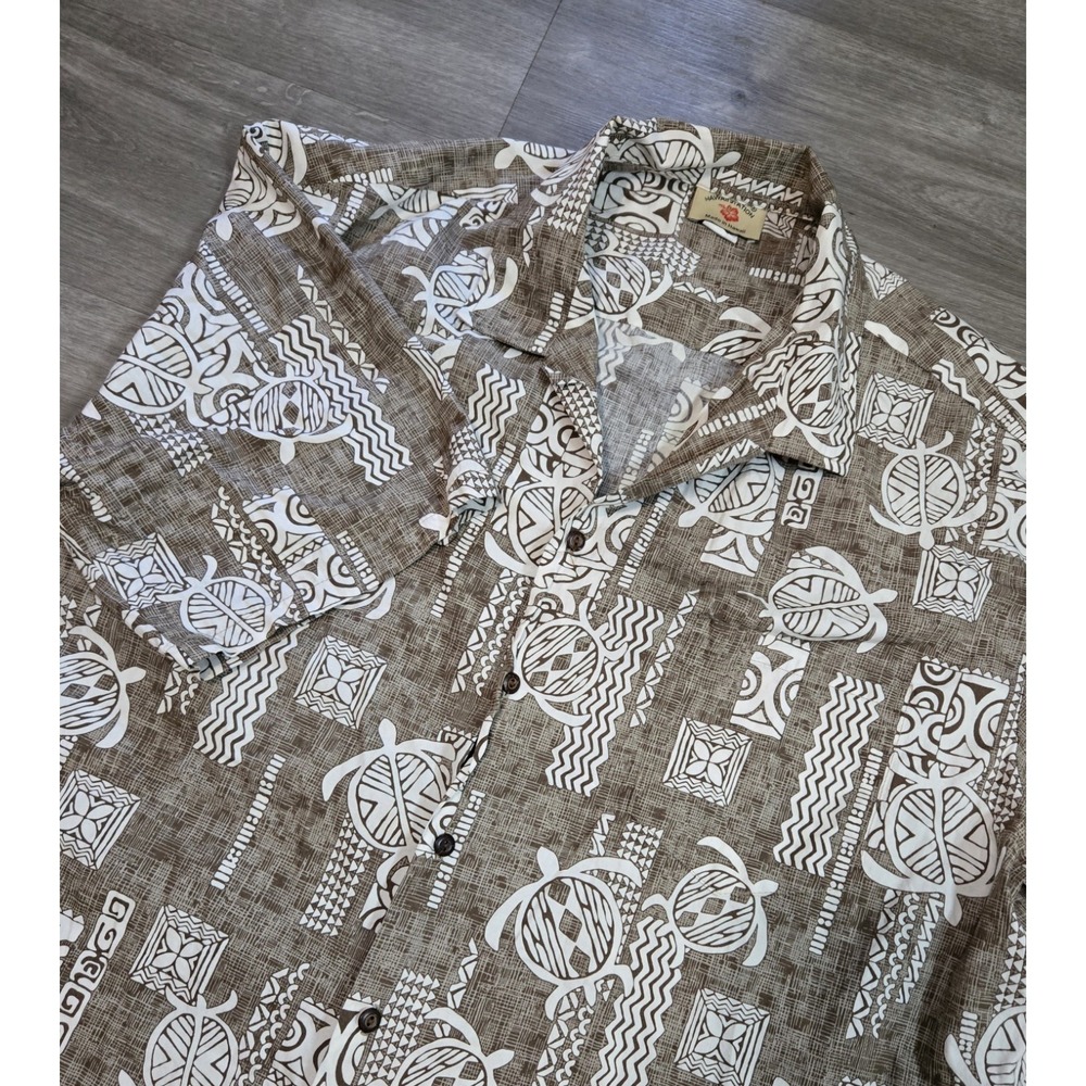 Vtg Hawaii Station Hawaiian Aloha Shirt Men 3XL Brown Geometric Tribal Turtle